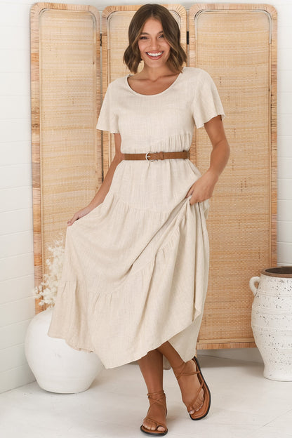 Allegra Midi Dress - Relaxed Asymmetric Tiered Linen Smock Dress in Oat