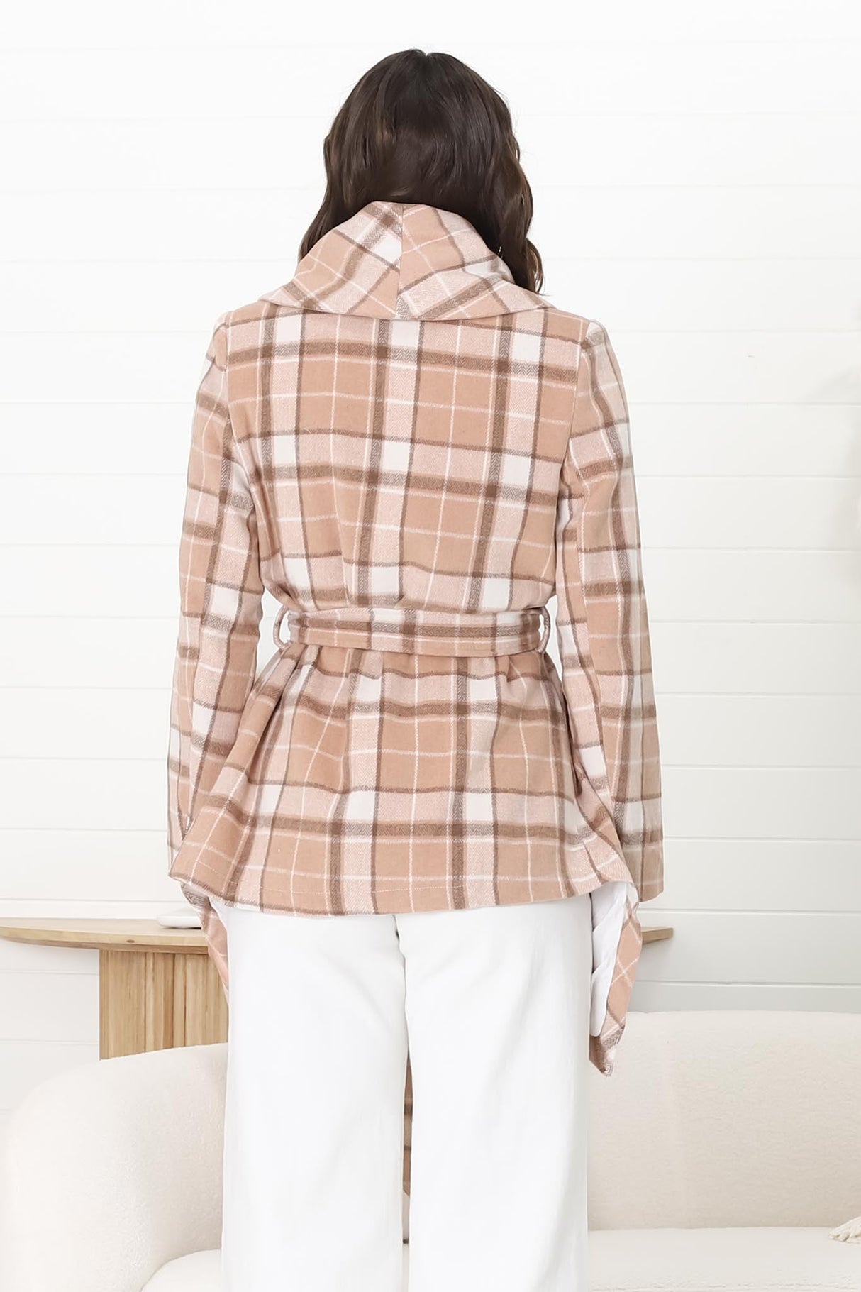 Telma Coat - Checkered Collared Coat with Matching Belt in Blush