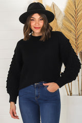 Amanda Jumper - Crew Neck with Mermaid Scale Balloon Sleeve Knit in Black