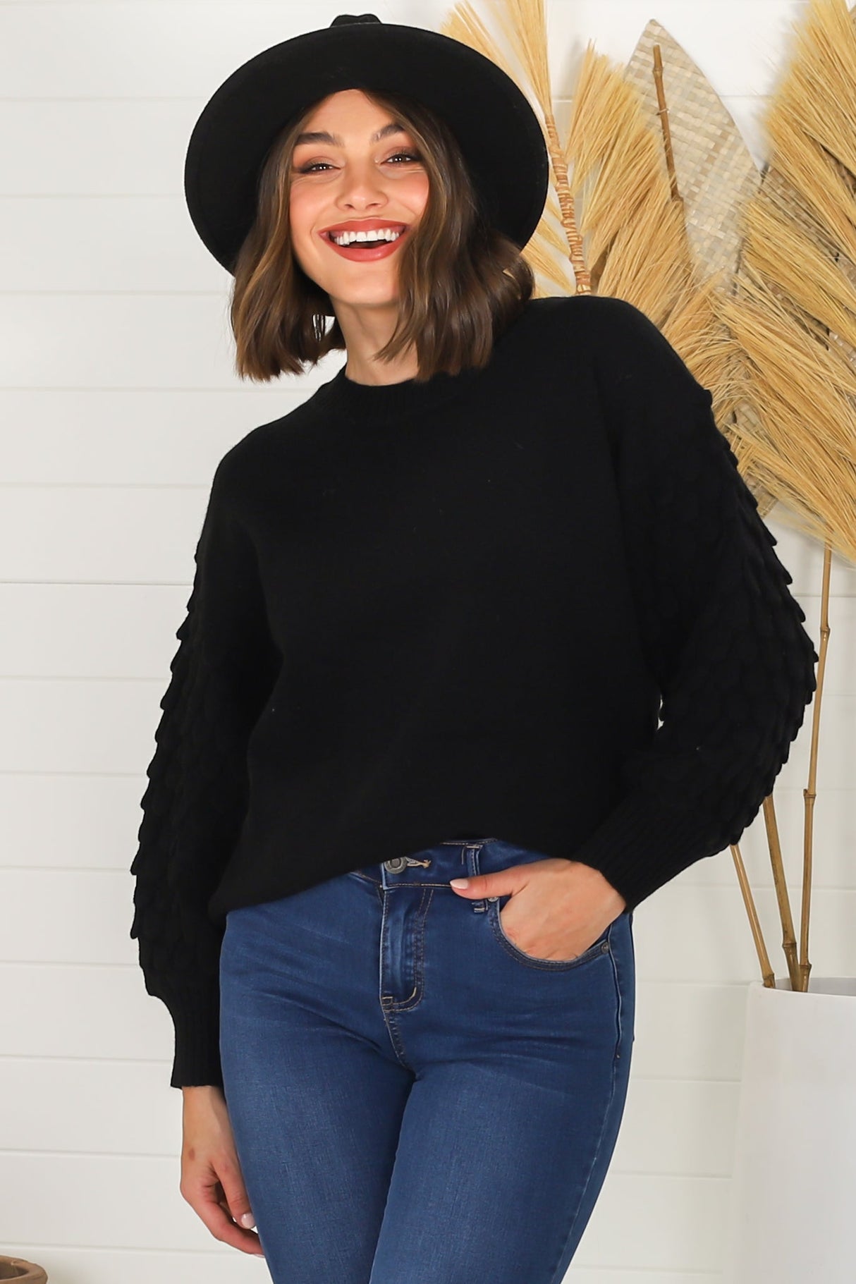 Amanda Jumper - Crew Neck with Mermaid Scale Balloon Sleeve Knit in Black