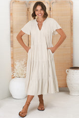 Peggy Midi Dress - Relaxed Mandarin Collar Pleated Bust Tiered Linen Dress in Oat