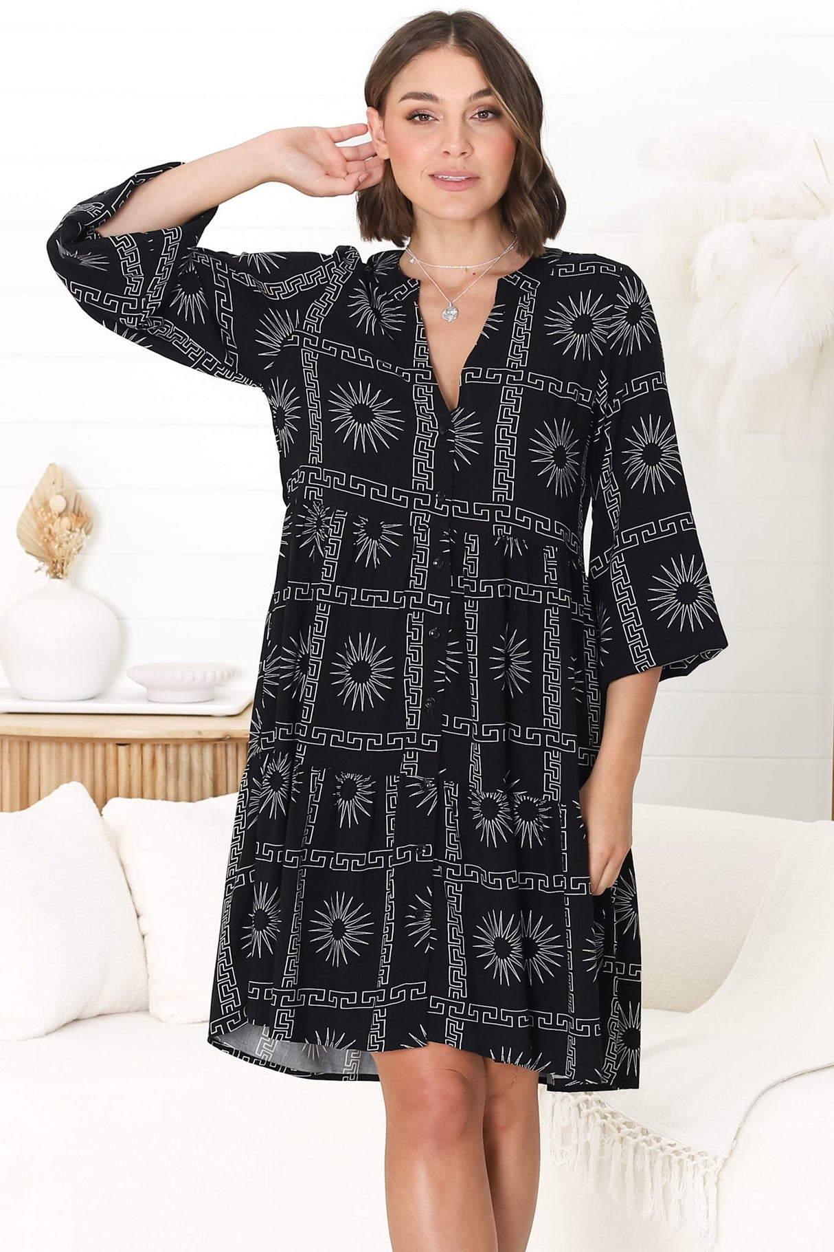 Sarah Mini Dress - Bermuda Collar Tiered Button Down Dress in Astra Print Black