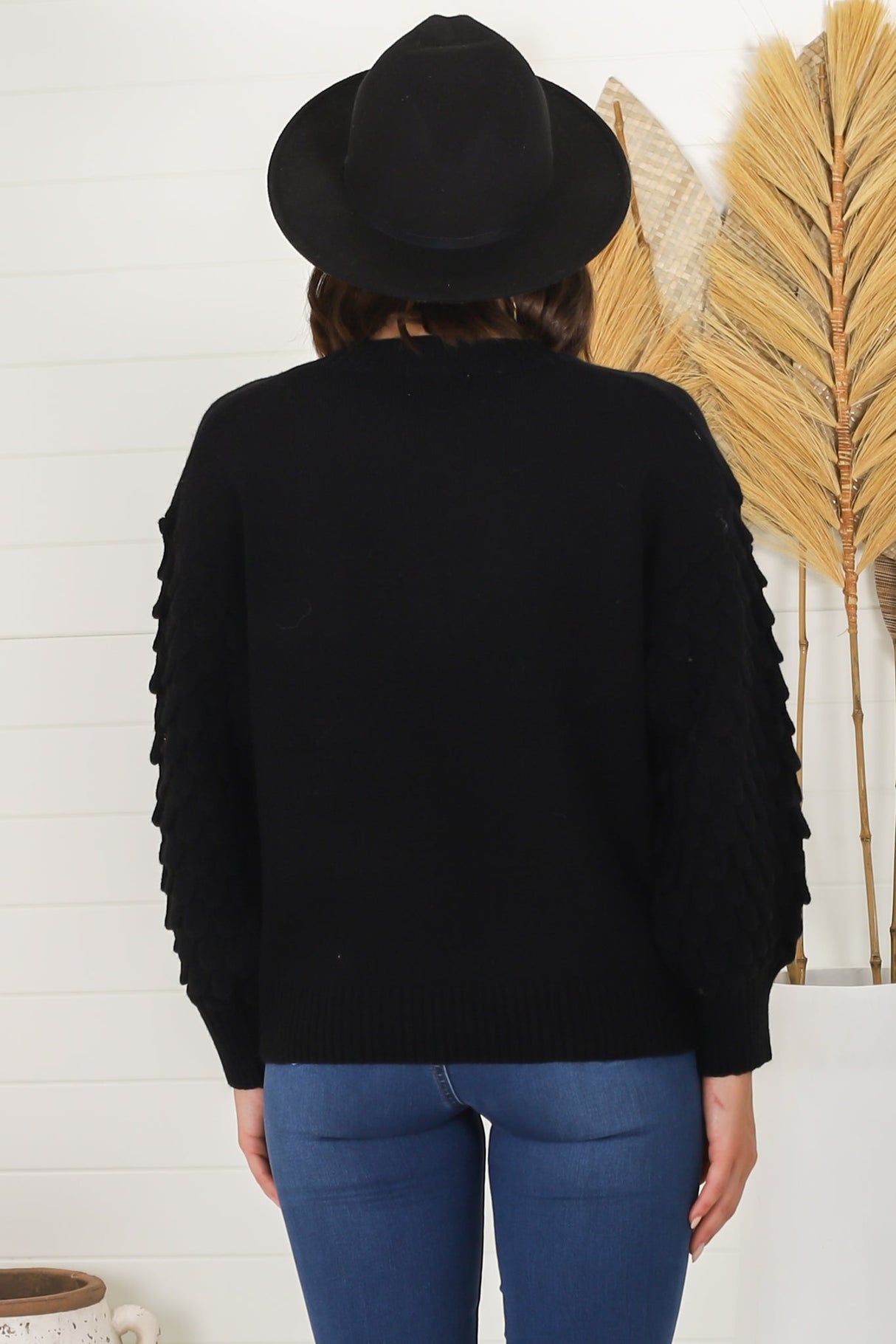 Amanda Jumper - Crew Neck with Mermaid Scale Balloon Sleeve Knit in Black