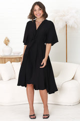 Satina Midi Dress - A Line Dress with Bell Sleeves in Black