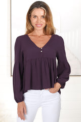 Grace Top - V-Neck Button Decal Long Sleeve Smock Top in Purple