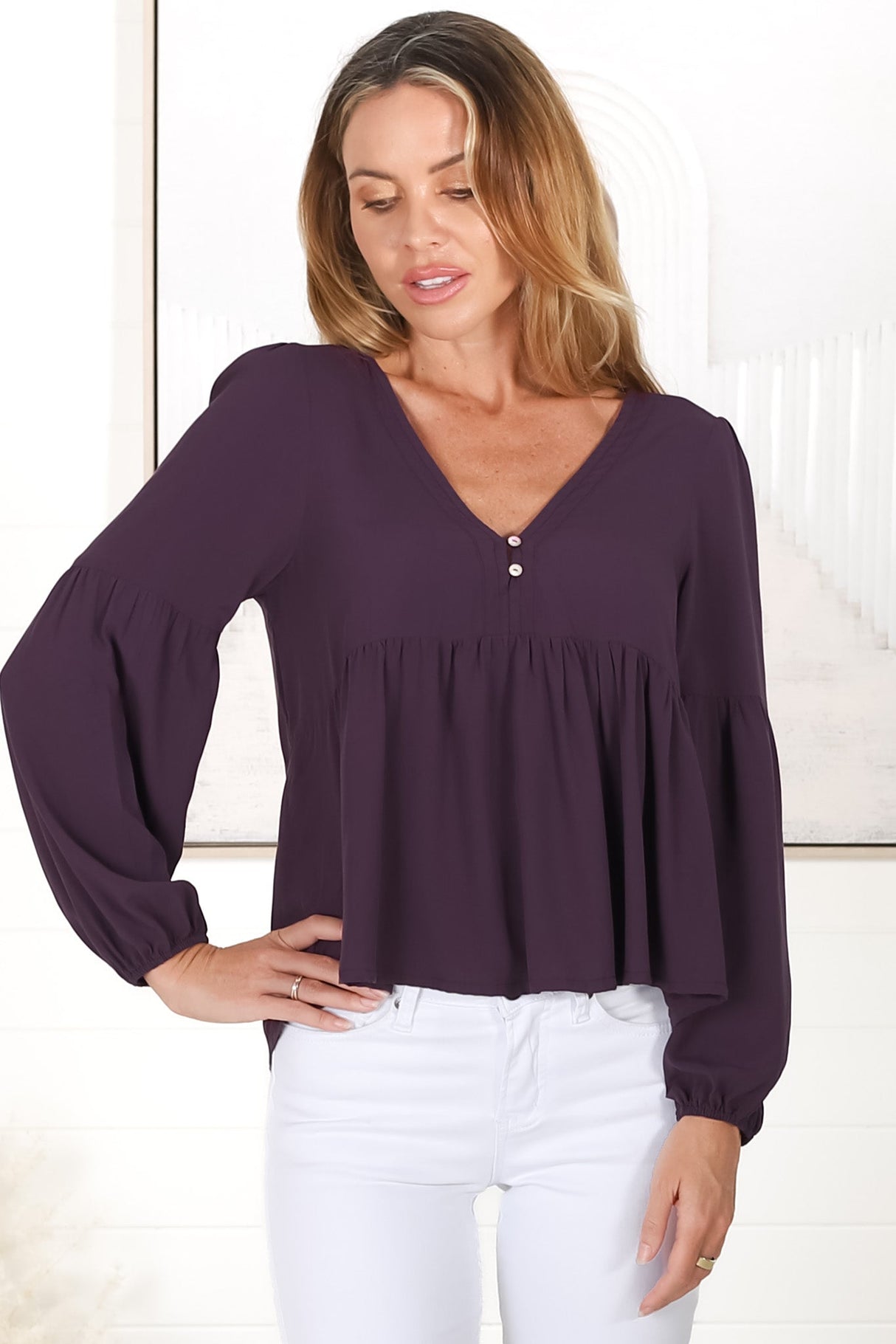 Grace Top - V-Neck Button Decal Long Sleeve Smock Top in Purple