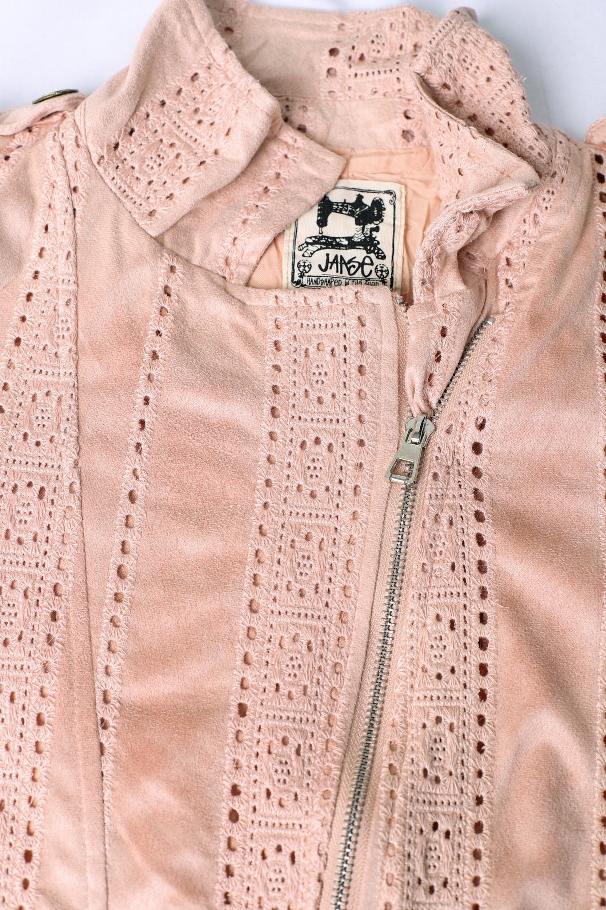 Jodi Jacket - Embroidered Detailing Biker Faux Suede Jacket in Blush