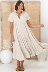 Peggy Midi Dress - Relaxed Mandarin Collar Pleated Bust Tiered Linen Dress in Oat