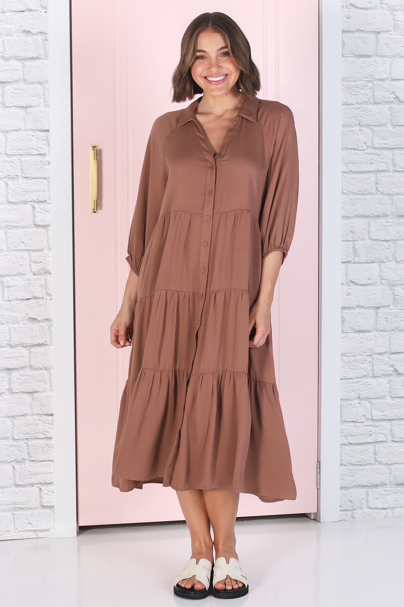 Zaraha Midi Dress Folded Collar Button Down Tiered Dress