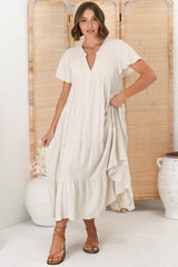 Peggy Midi Dress - Relaxed Mandarin Collar Pleated Bust Tiered Linen Dress in Oat