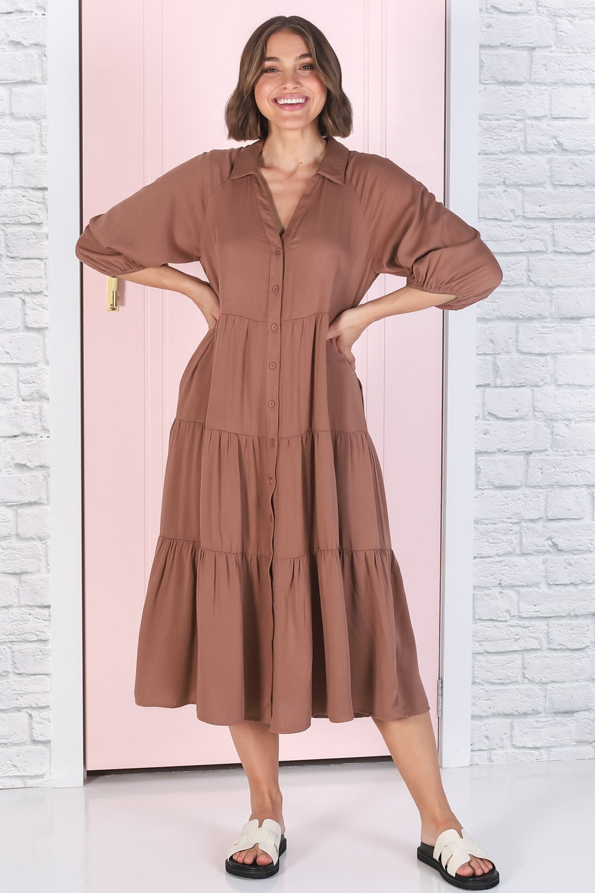 Zaraha Midi Dress - Folded Collar Button Down Tiered Dress in Rust