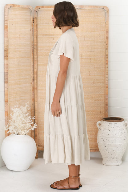Peggy Midi Dress - Relaxed Mandarin Collar Pleated Bust Tiered Linen Dress in Oat