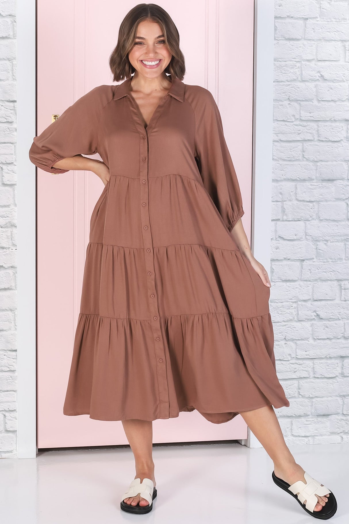 Zaraha Midi Dress - Folded Collar Button Down Tiered Dress in Rust