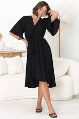 Satina Midi Dress - A Line Dress with Bell Sleeves in Black