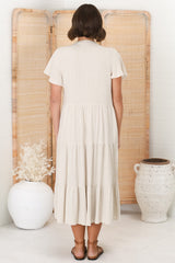 Peggy Midi Dress - Relaxed Mandarin Collar Pleated Bust Tiered Linen Dress in Oat