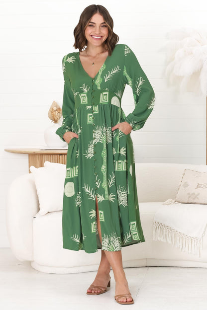 Bello Midi Dress -  Button Through Dress with Balloon Sleeves in Maree Print Green