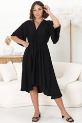 Satina Midi Dress - A Line Dress with Bell Sleeves in Black