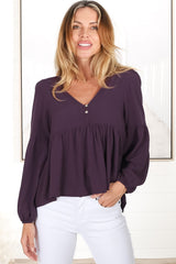 Grace Top - V-Neck Button Decal Long Sleeve Smock Top in Purple