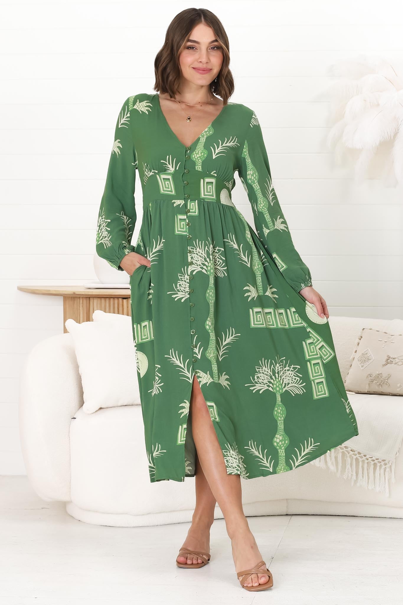 Bello Midi Dress -  Button Through Dress with Balloon Sleeves in Maree Print Green