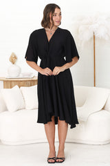 Satina Midi Dress - A Line Dress with Bell Sleeves in Black