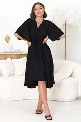 Satina Midi Dress - A Line Dress with Bell Sleeves in Black