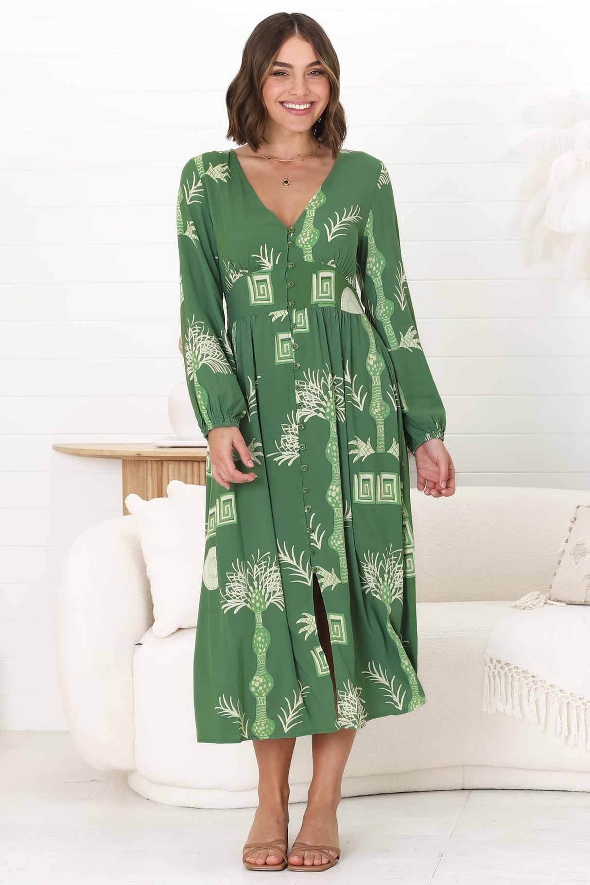 Bello Midi Dress -  Button Through Dress with Balloon Sleeves in Maree Print Green