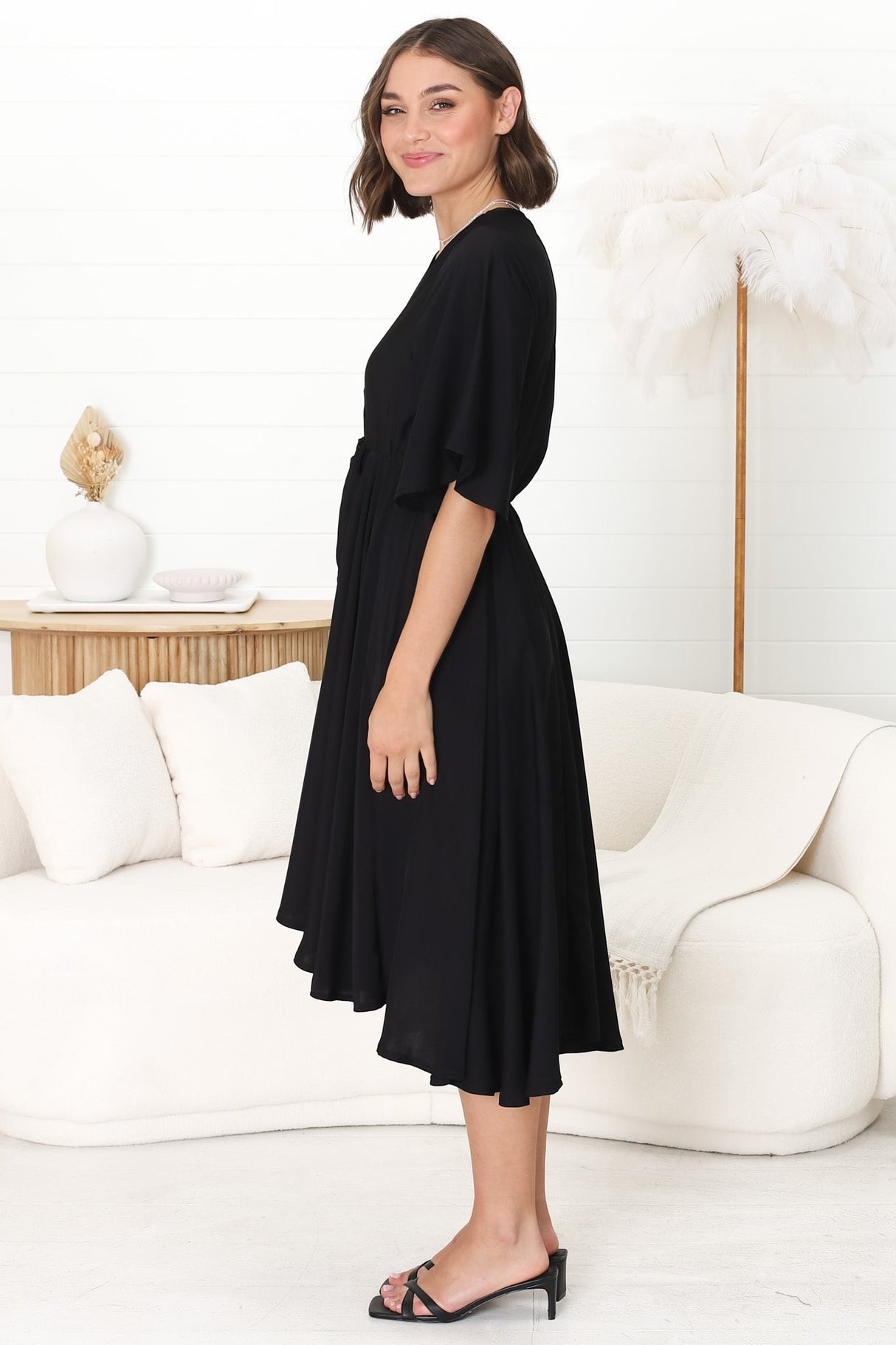 Satina Midi Dress - A Line Dress with Bell Sleeves in Black