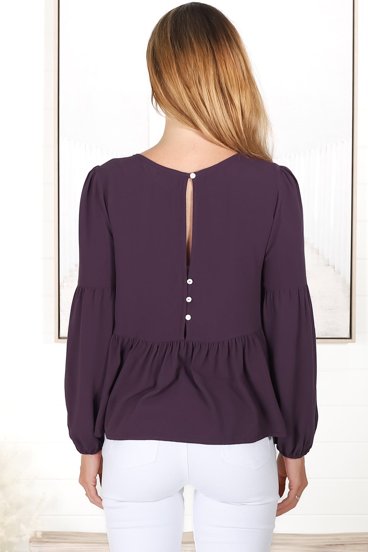 Grace Top - V-Neck Button Decal Long Sleeve Smock Top in Purple