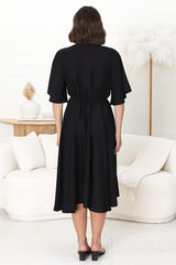 Satina Midi Dress - A Line Dress with Bell Sleeves in Black