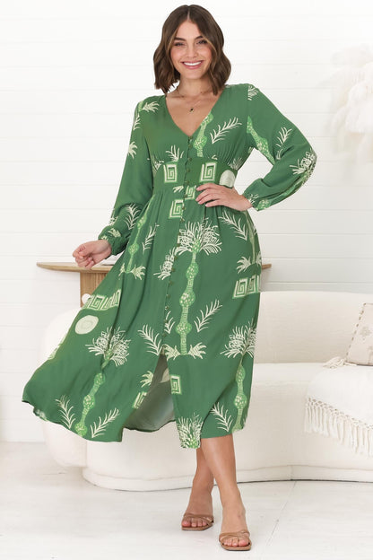 Bello Midi Dress -  Button Through Dress with Balloon Sleeves in Maree Print Green