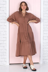 Zaraha Midi Dress - Folded Collar Button Down Tiered Dress in Rust