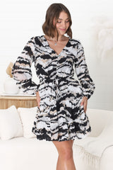 Alicia Mini Dress - A Line Tiered Dress with Pull Tie Waist in Raye Print Black