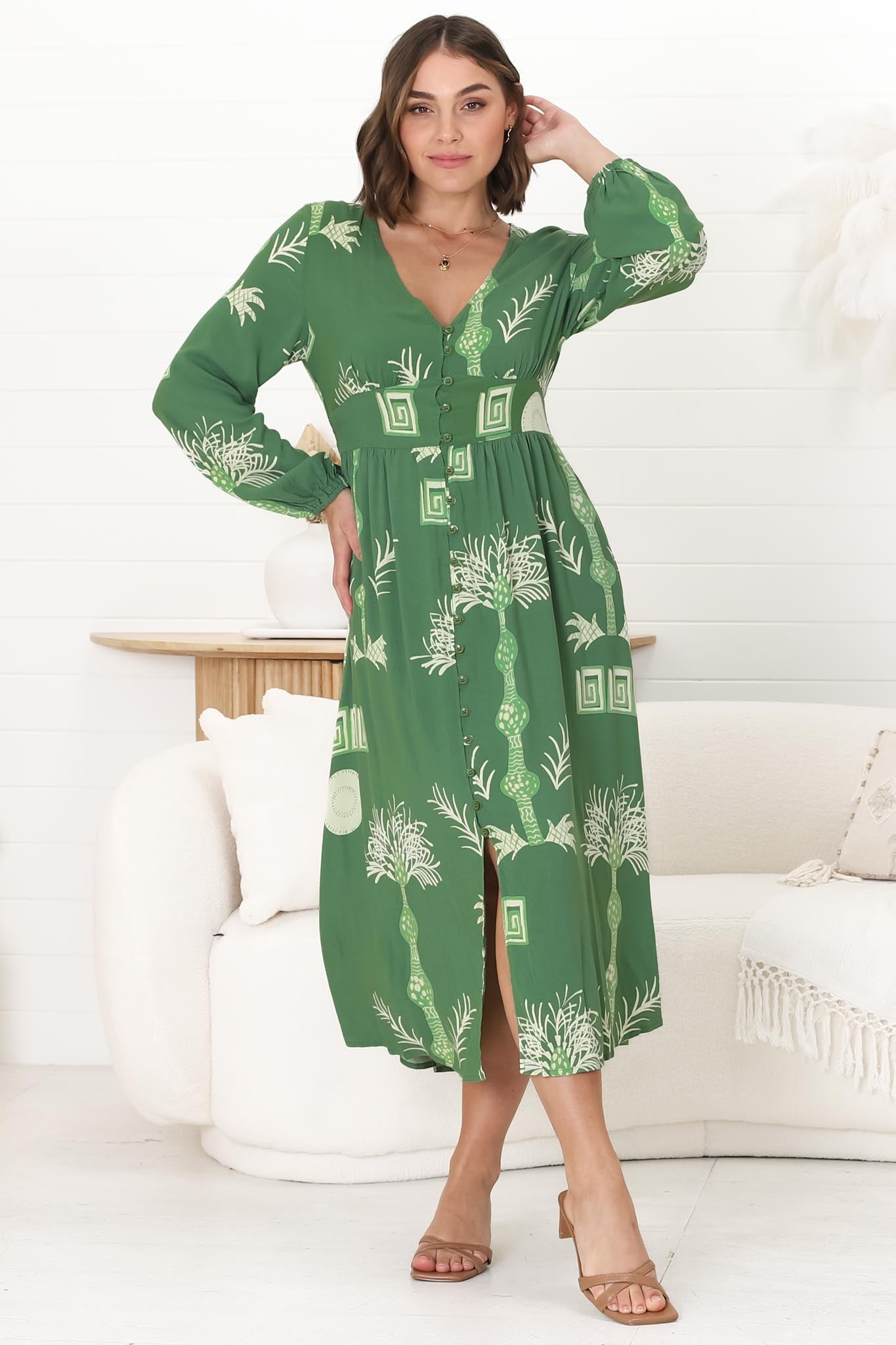 Bello Midi Dress -  Button Through Dress with Balloon Sleeves in Maree Print Green