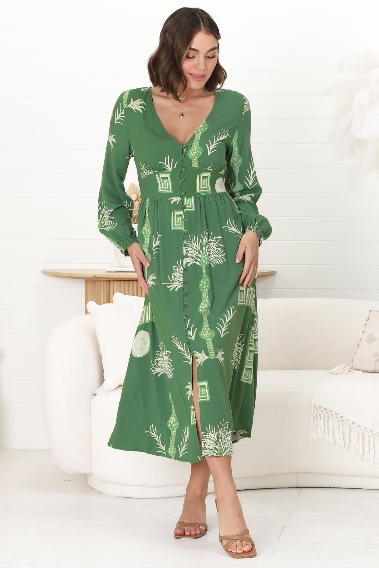 Bello Midi Dress -  Button Through Dress with Balloon Sleeves in Maree Print Green