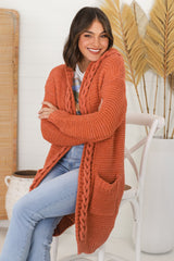 Toolara Cardigan - Thick Cable Knit Hooded Cardigan with Pocket in Rust