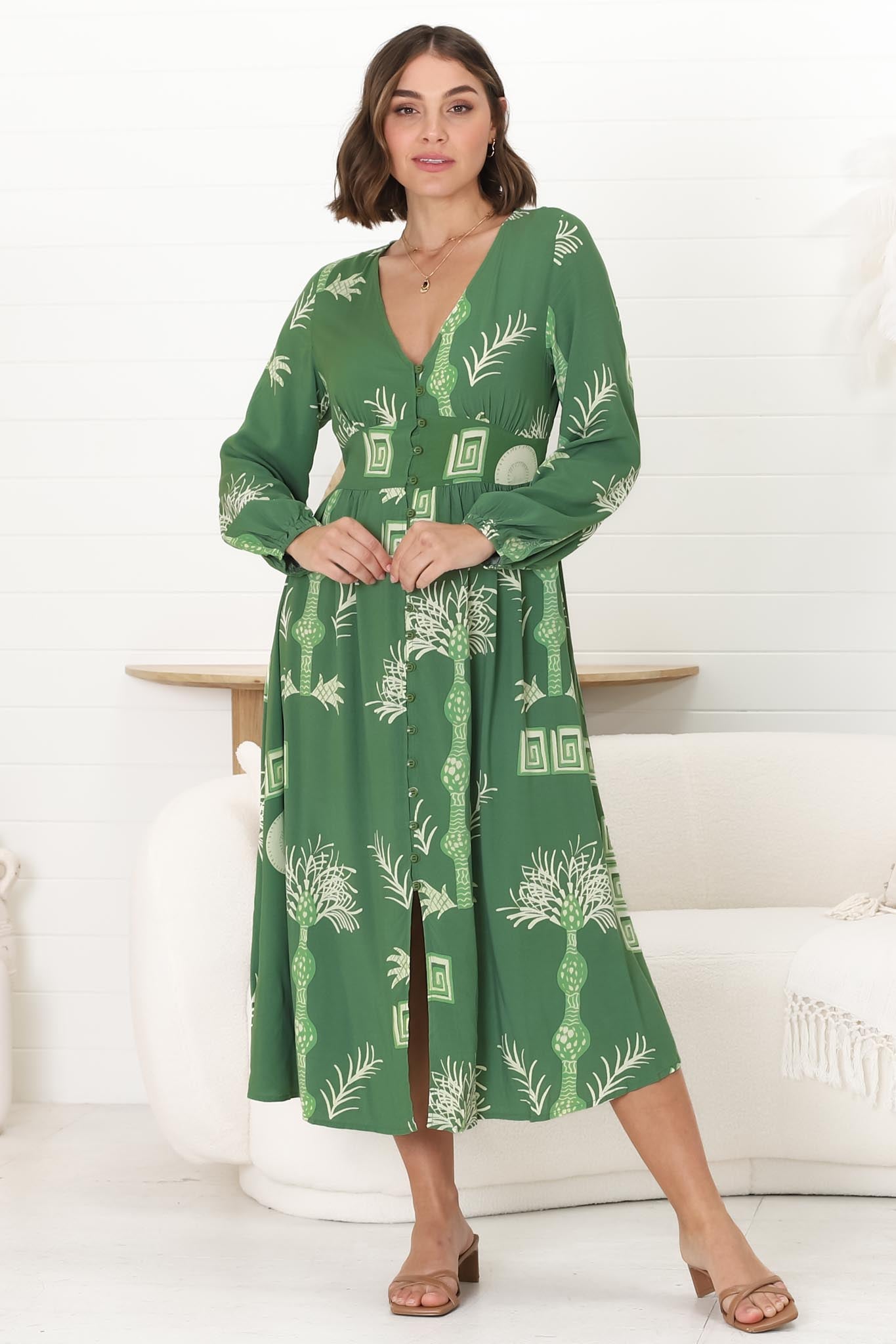 Bello Midi Dress -  Button Through Dress with Balloon Sleeves in Maree Print Green