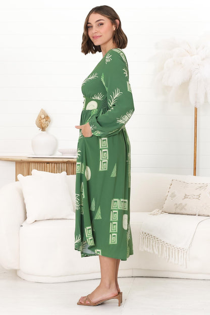 Bello Midi Dress -  Button Through Dress with Balloon Sleeves in Maree Print Green