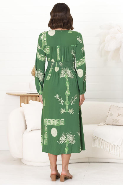 Bello Midi Dress -  Button Through Dress with Balloon Sleeves in Maree Print Green