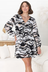 Alicia Mini Dress - A Line Tiered Dress with Pull Tie Waist in Raye Print Black