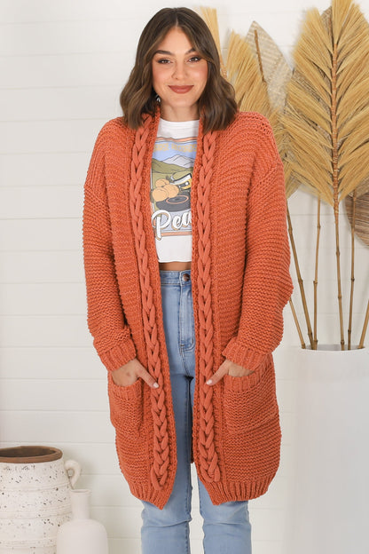 Toolara Cardigan - Thick Cable Knit Hooded Cardigan with Pocket in Rust