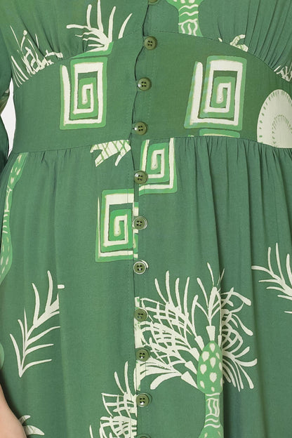 Bello Midi Dress -  Button Through Dress with Balloon Sleeves in Maree Print Green