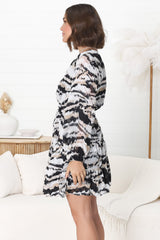 Alicia Mini Dress - A Line Tiered Dress with Pull Tie Waist in Raye Print Black