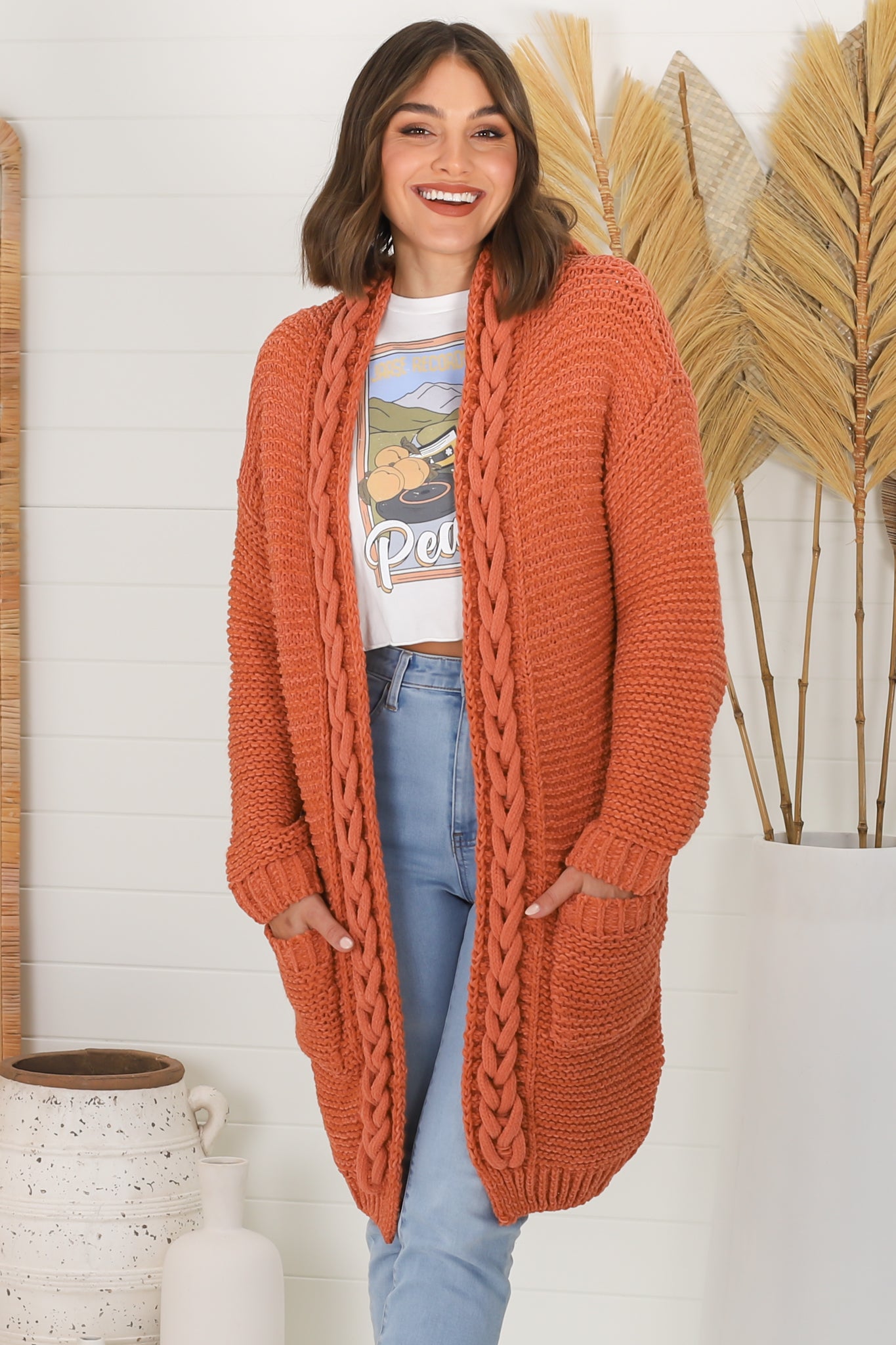 Toolara Cardigan - Thick Cable Knit Hooded Cardigan with Pocket in Rust