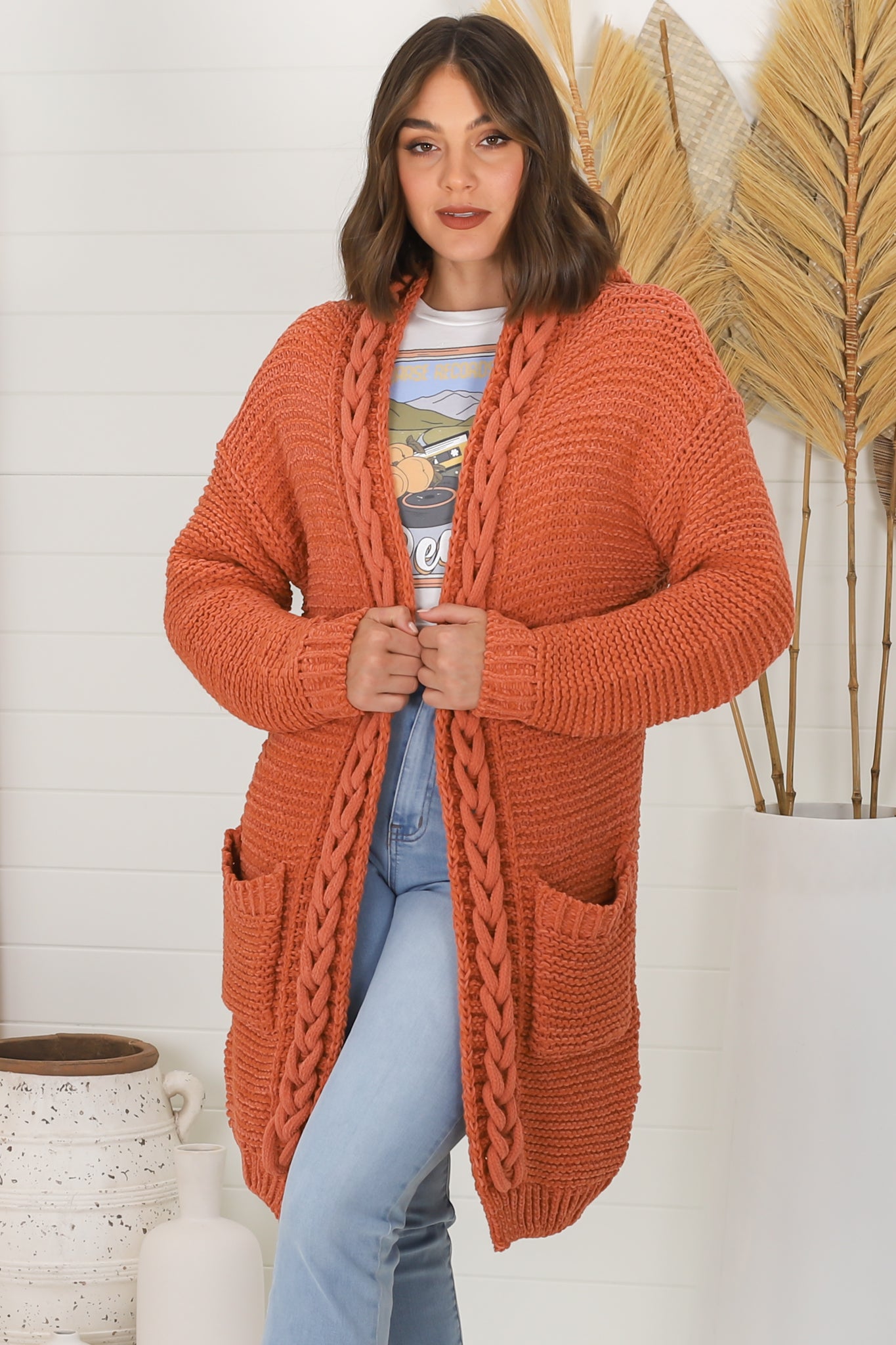 Toolara Cardigan - Thick Cable Knit Hooded Cardigan with Pocket in Rust