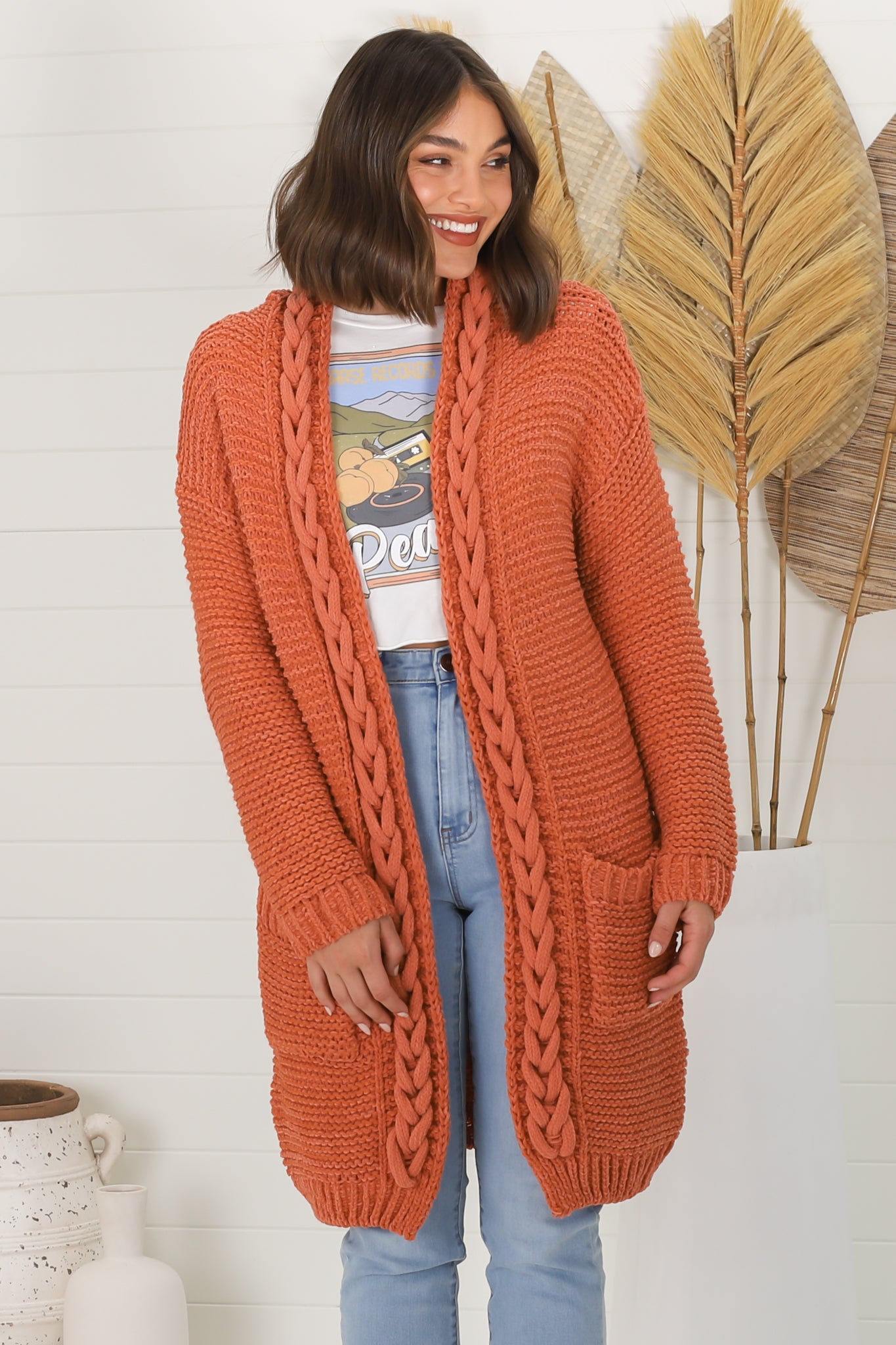 Toolara Cardigan - Thick Cable Knit Hooded Cardigan with Pocket in Rust