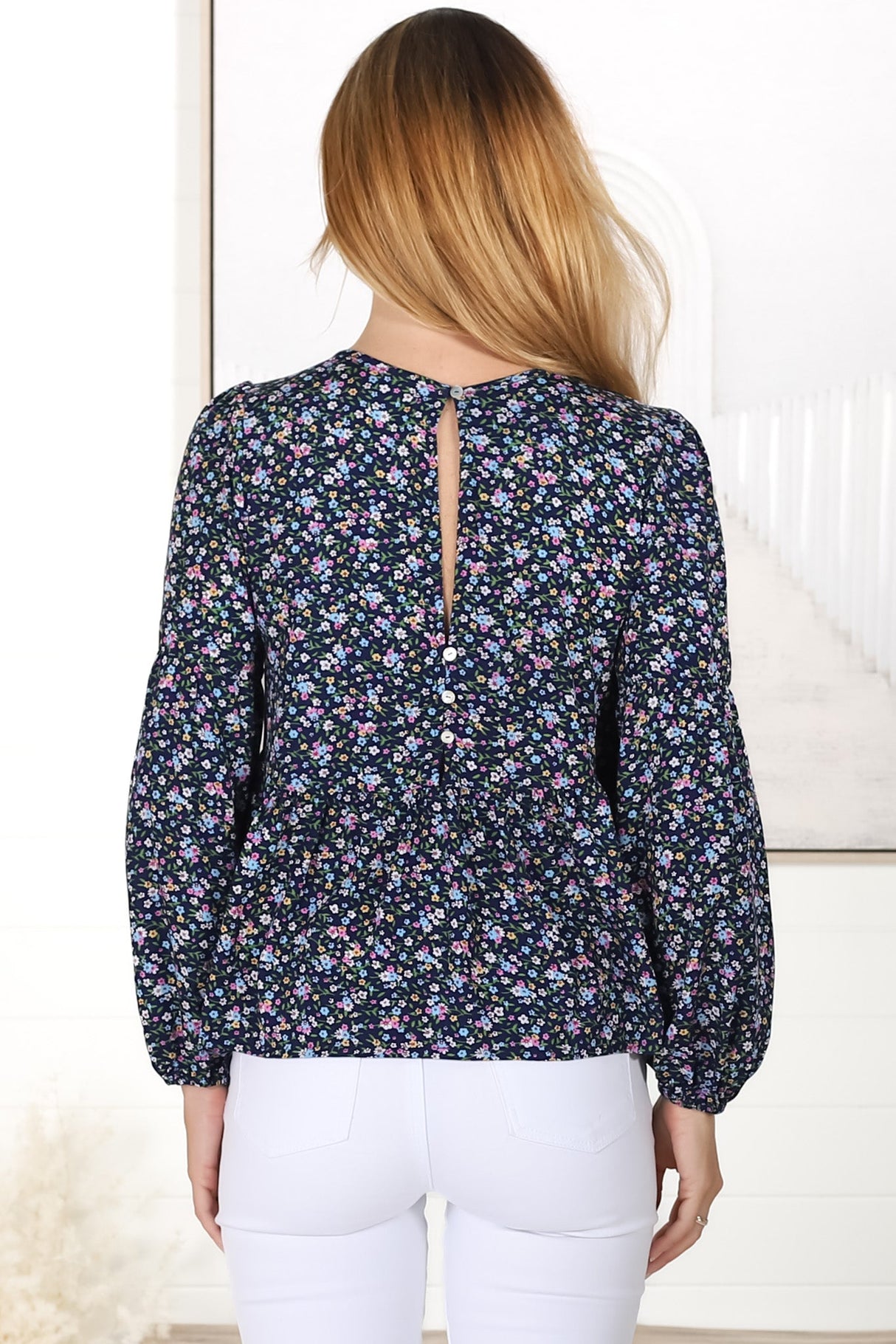 Grace Top - V-Neck Button Decal Long Sleeve Smock Top in Ellen Print Navy