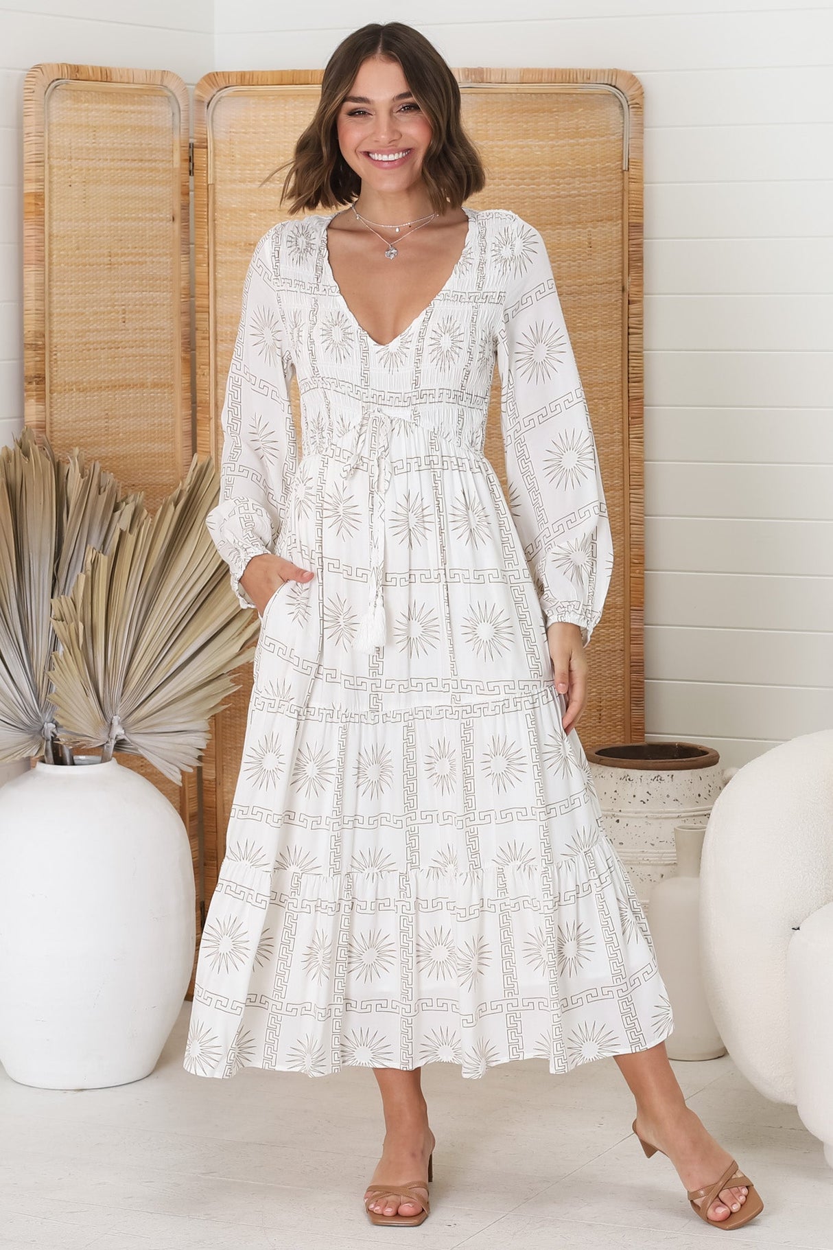 Elias Midi Dress - Shirred Elasticated Bodice A Line Dress with Long Sleeves in Astra White