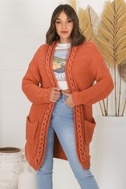 Toolara Cardigan - Thick Cable Knit Hooded Cardigan with Pocket in Rust