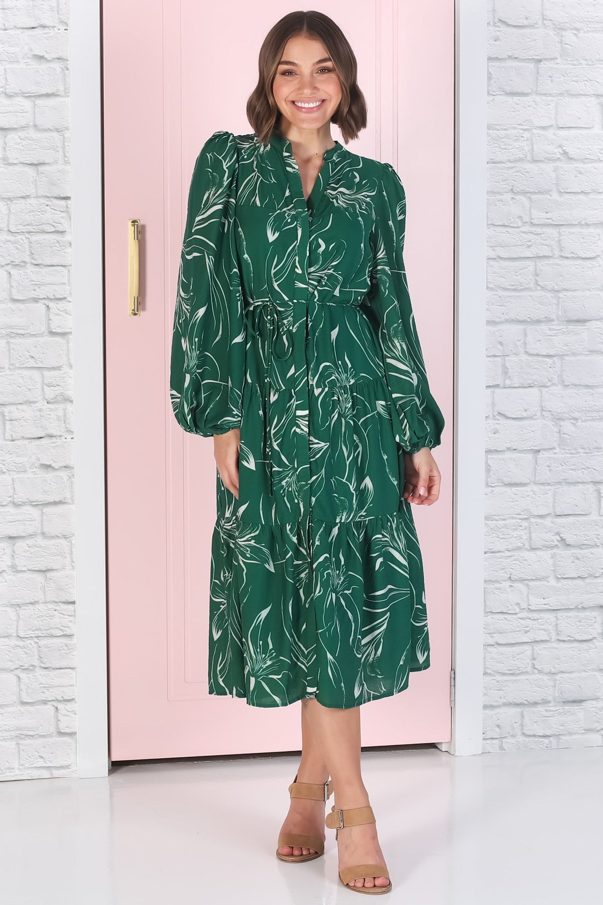 Brea Midi Dress - High Mandarin Collar Button Down Dress in Ivy Print Green