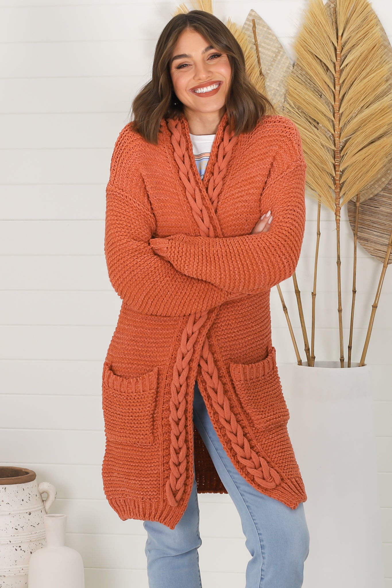 Toolara Cardigan - Thick Cable Knit Hooded Cardigan with Pocket in Rust